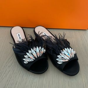 MIU MIU Swarovski Crystal and feather slides